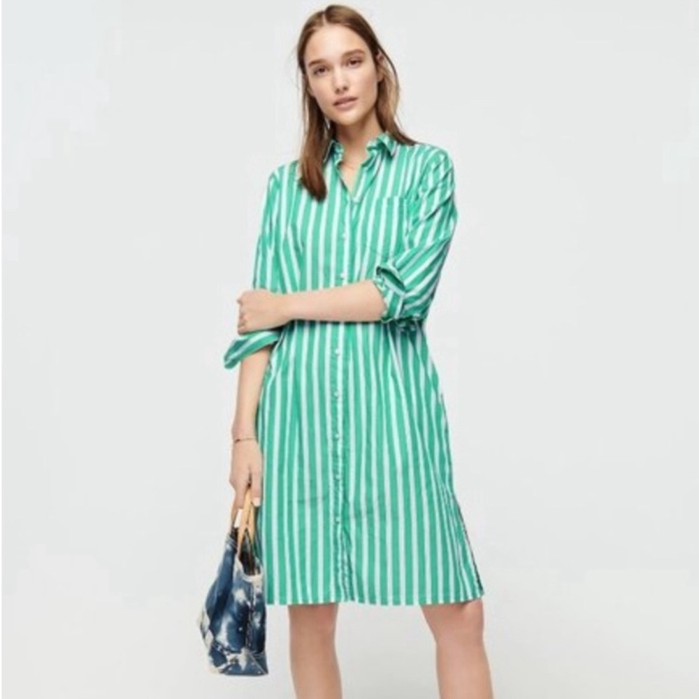 J. Crew Button Up Shirt Dress. Green Stripe. Size Medium.